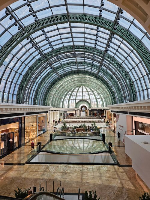 Free Stunning view of a glass dome architecture at a Dubai mall, showcasing luxurious shopping ambiance. Stock Photo