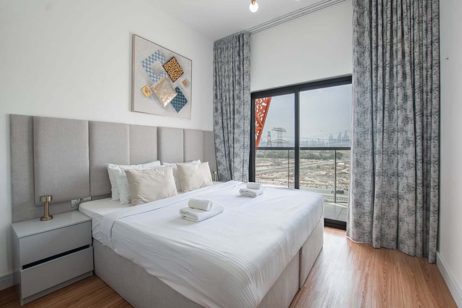 Modern hotel room with a city view
