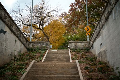 Free A rustic staircase outdoors with vibrant autumn trees in the background. Stock Photo