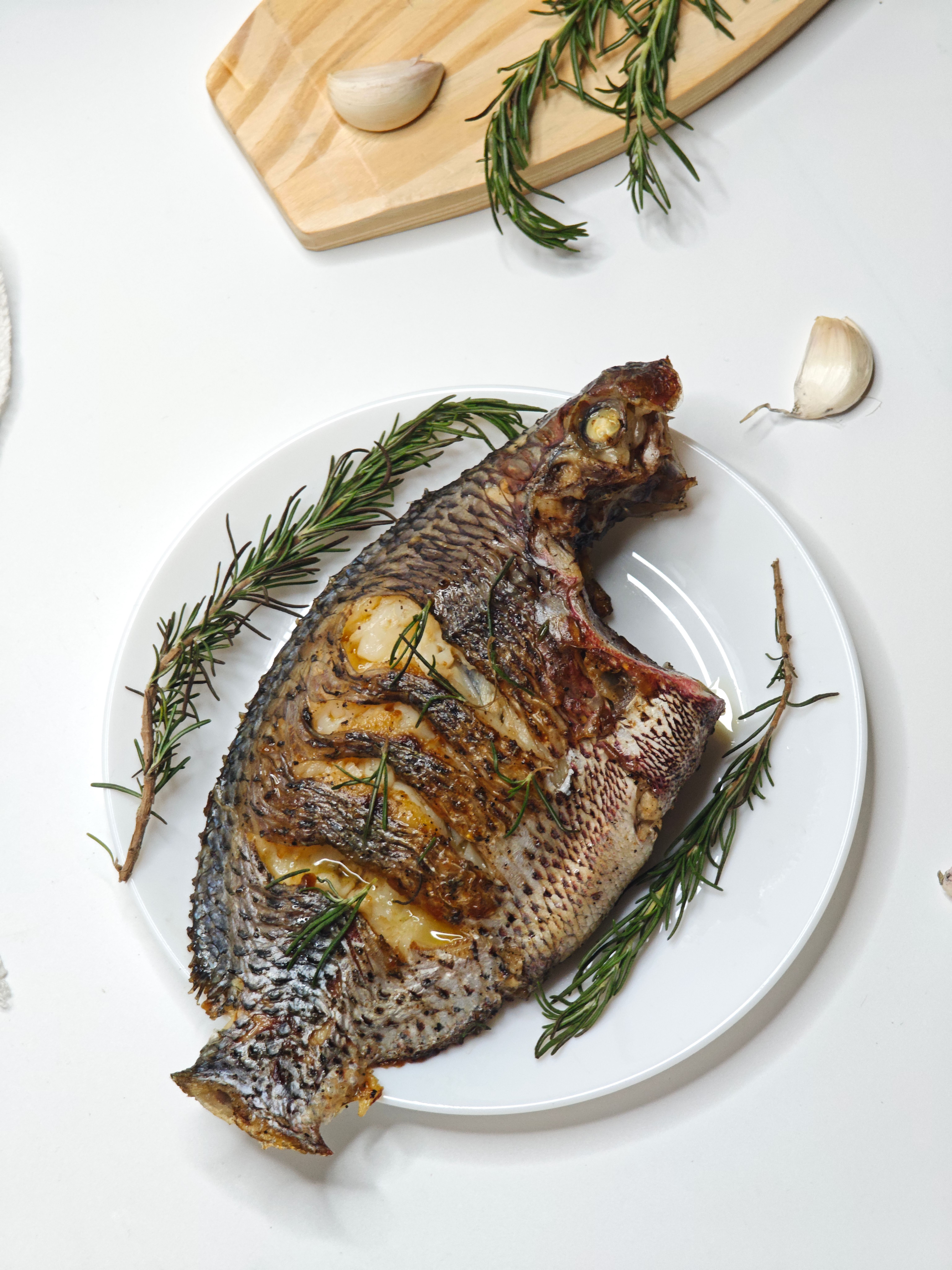 Aromatic grilled tilapia garnished with rosemary and garlic on a white plate.