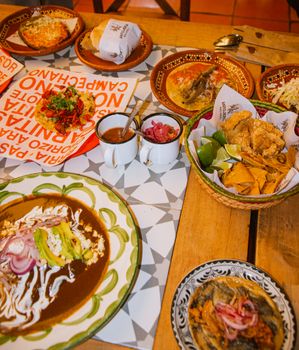 A vibrant spread of traditional Mexican dishes from San Pedro Cholula, Puebla.