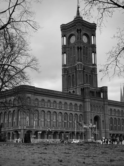 Free Black and white view of the historic Rotes Rathaus in Berlin, captured on a winter day with a dramatic sky. Stock Photo