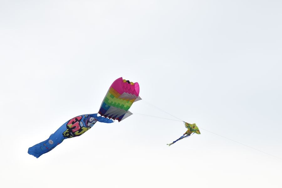 Multicolor patterned kites flying high in a clear sky
