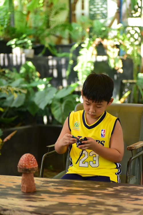 Free Child in a basketball jersey playing indoors amidst lush greenery. Stock Photo