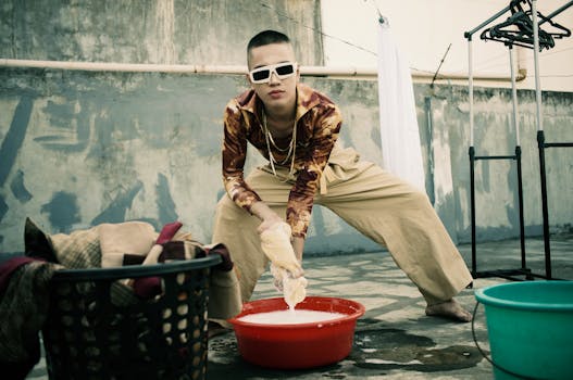 年轻人在屋顶上穿着时髦服装洗衣服