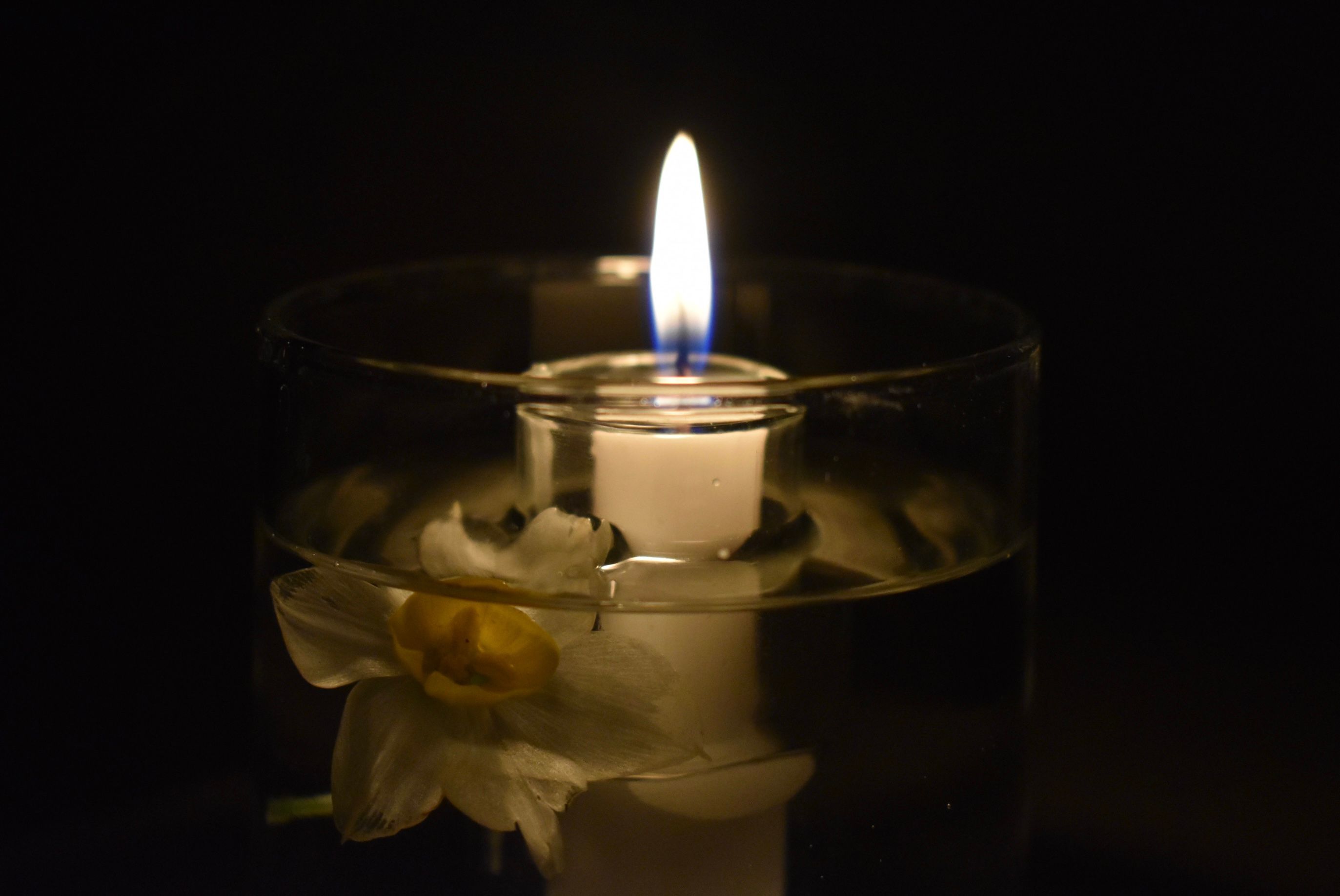 A mesmerizing candle flame illuminates a floating flower in a glass of water, creating a tranquil ambiance.