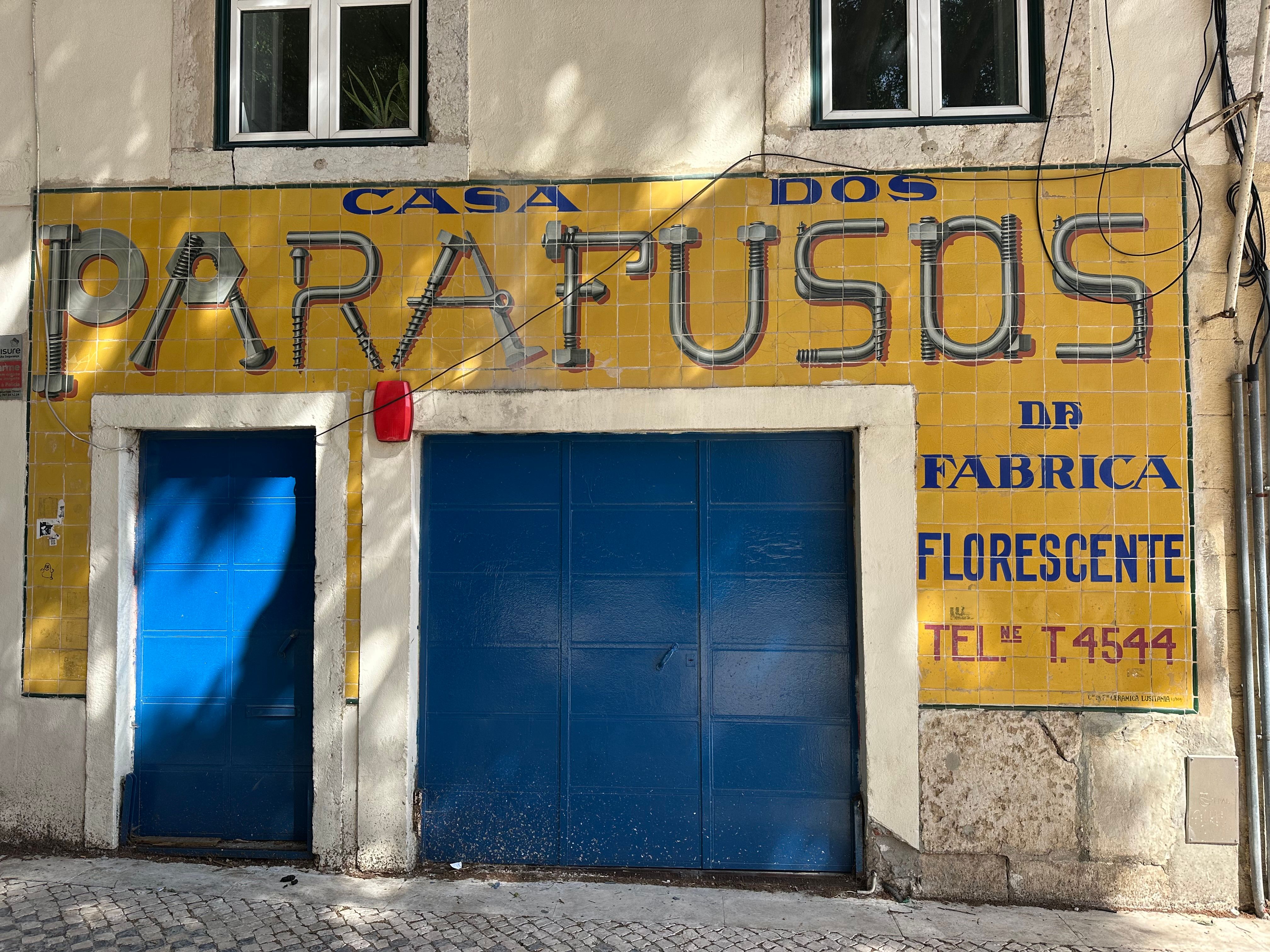 Blue and white tile panel covering a church wall in eastern Lisbon