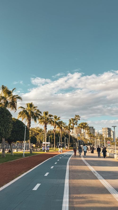 Free Sunny day on Mersin seaside promenade with palm trees and people walking. Stock Photo