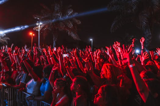 在明亮的舞台灯光下，热闹的人群享受着夜间户外音乐节