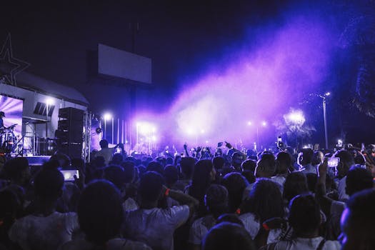 在充满活力的夜间音乐会现场，舞台灯光缤纷，观众们正享受着音乐