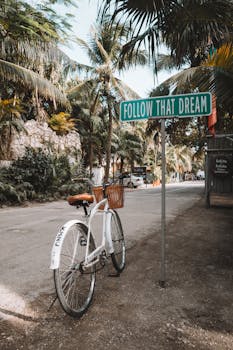 A bicycle near an inspirational sign 'Follow That Dream' in Tulum, Mexico with palm trees around.