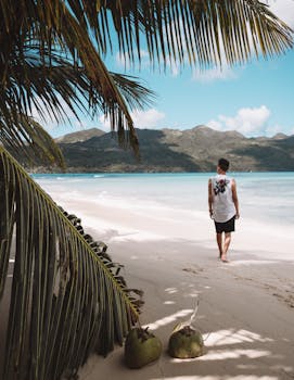 在多米尼加共和国萨马纳的普拉亚林孔宁静海滩上，一名男子正在漫步