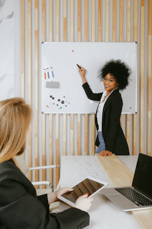 Vrouw Wijzend Op Whiteboard