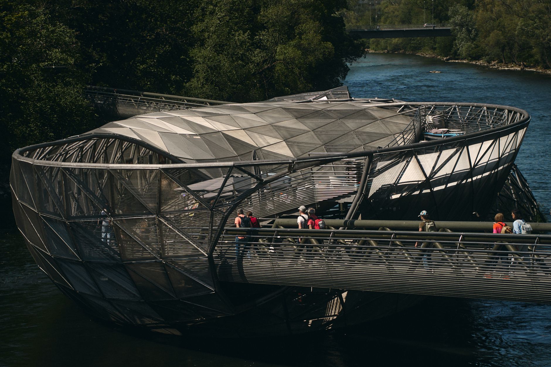 graz austria murinsel floating island mur river steel glass contemporary art