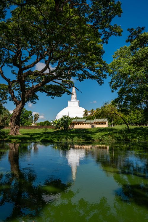 Free Serene view of the Ruwanwelisaya Stupa surrounded by lush greenery and a tranquil pond in Anuradhapura, Sri Lanka. Stock Photo