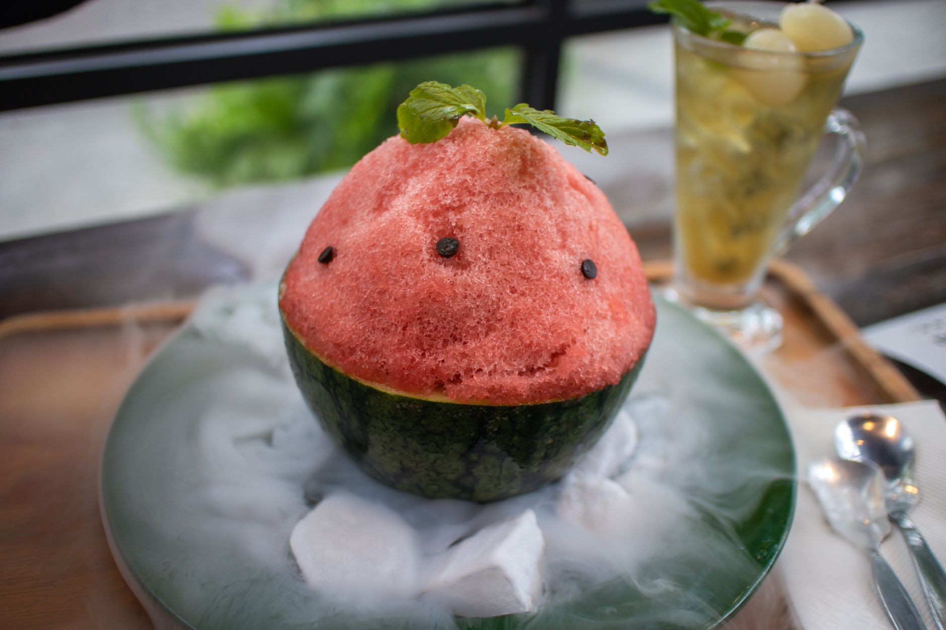 korean patbingsu shaved ice dessert close up