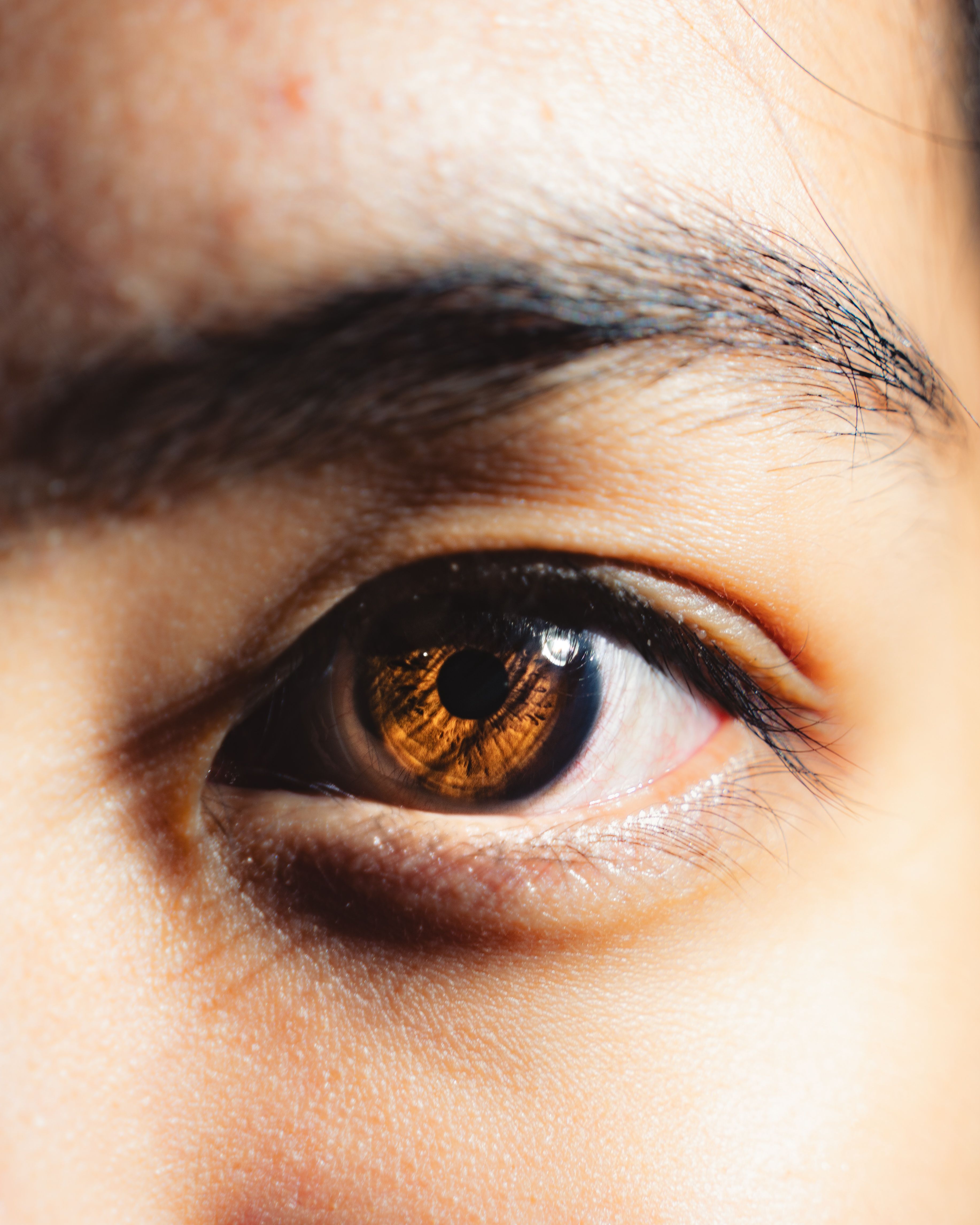 Detailed macro image of a human eye showcasing iris texture and rich brown color.