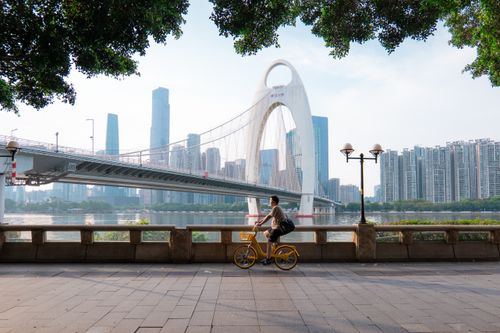 Free A cyclist rides along a riverside path in front of a modern cityscape and unique bridge architecture. Stock Photo