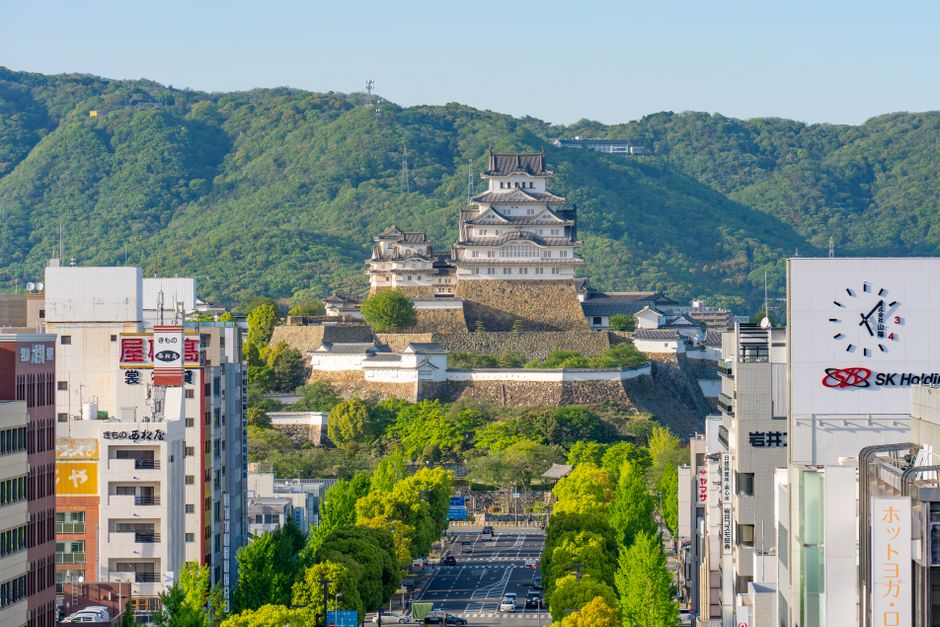 Stunning view of Himeji Castle surrounded by the city and lush greenery in Japan.