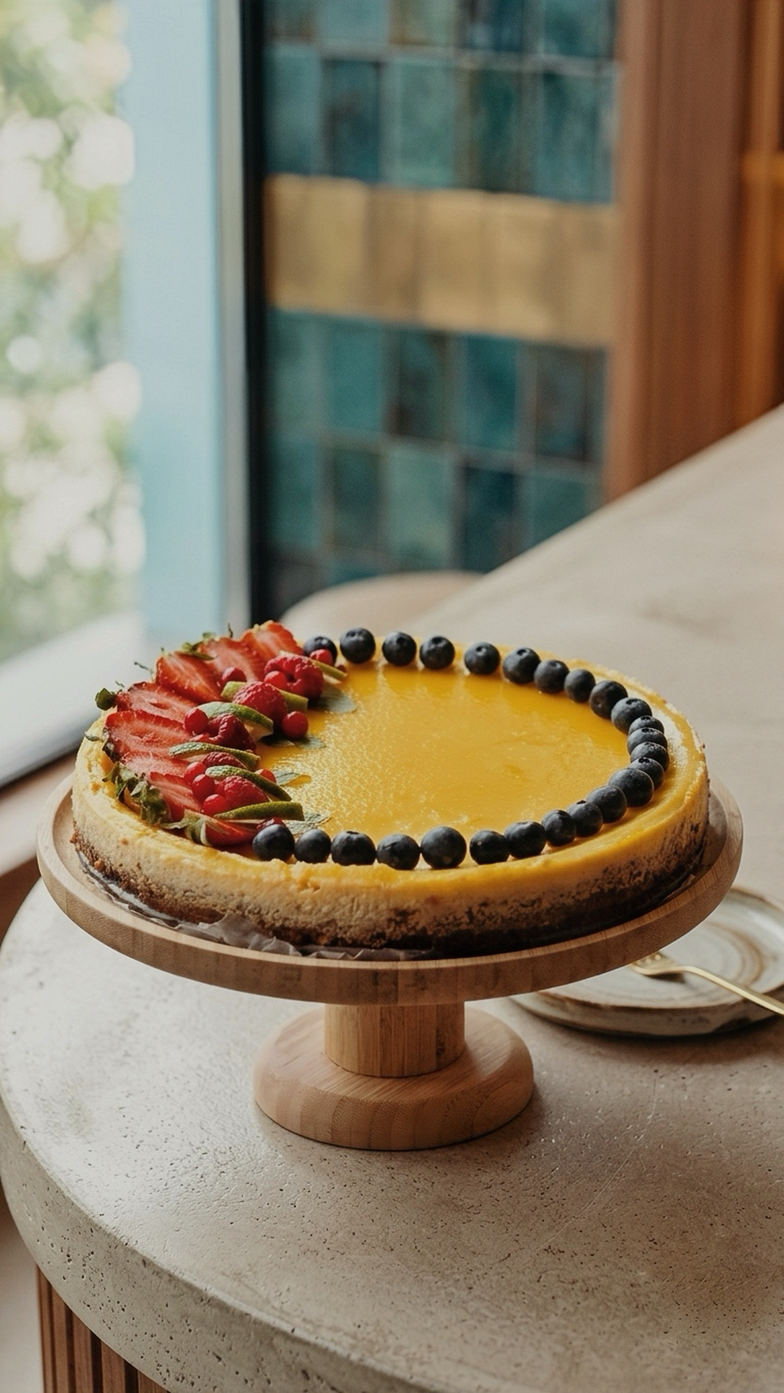 Mango cheesecake with strawberries and blueberries on a wooden stand indoors.