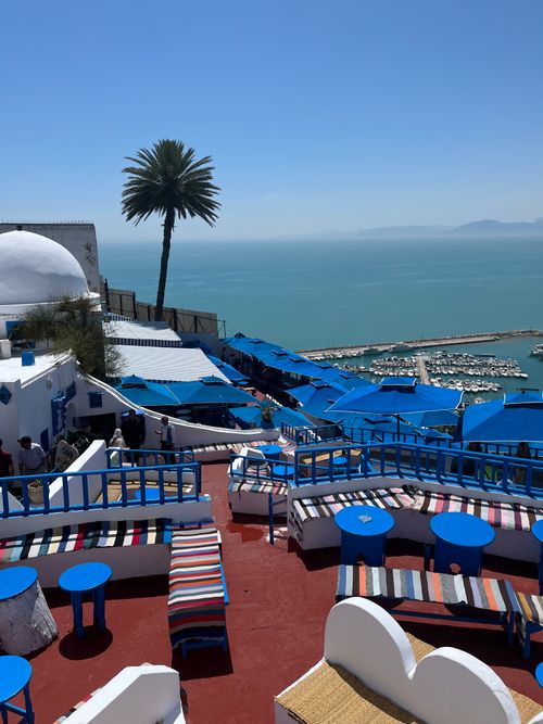Free Vibrant coastal view of Sidi Bou Said with blue rooftops and the Mediterranean Sea. Stock Photo
