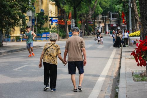Free A senior couple walking hand in hand along a vibrant city street filled with people and greenery. Stock Photo