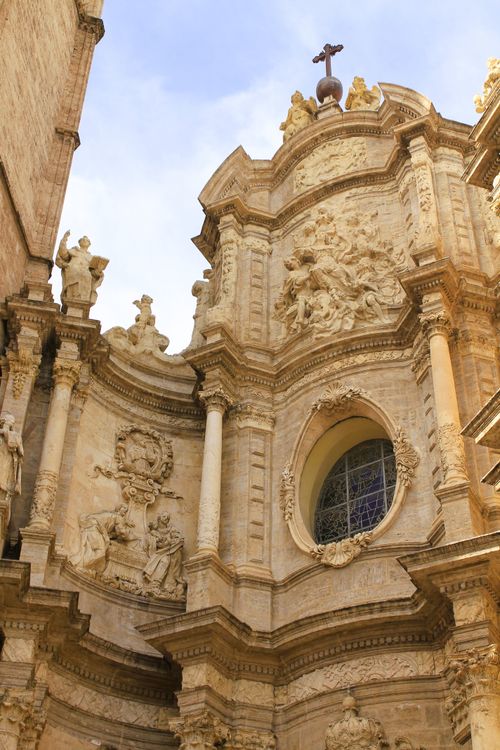 Free Detailed view of the Baroque architectural facade of Valencia Cathedral in Spain. Stock Photo