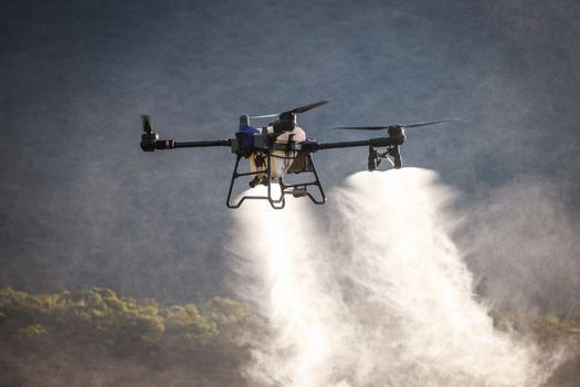 A drone dispersing spray over a green field, showcasing modern agricultural technology and crop management.