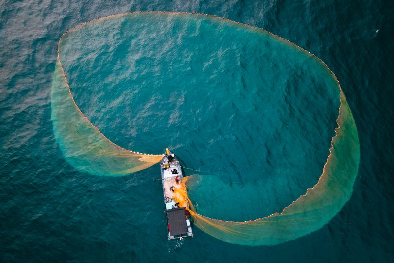 View Net Aerial View of Fishing Boat with Open Net at Sea · Free Stock Photo