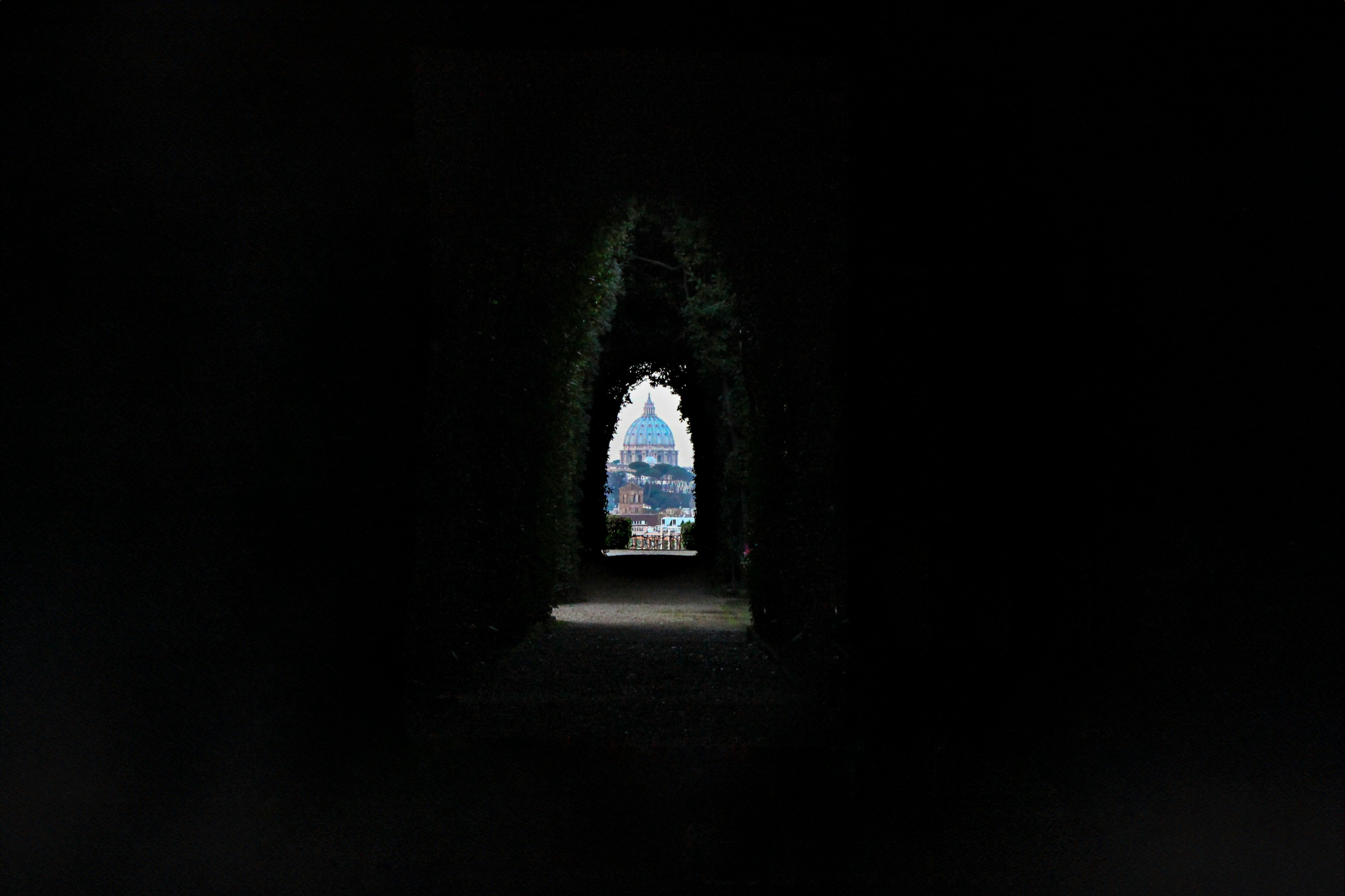 Stunning perspective of St Peter's Basilica seen through a lush garden tunnel in Rome, Italy