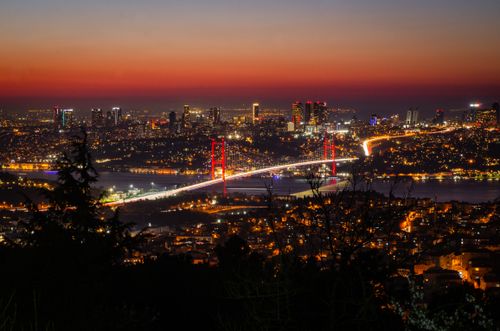 Free Stunning twilight view of Istanbul's skyline featuring the illuminated Bosphorus Bridge at sunset. Stock Photo