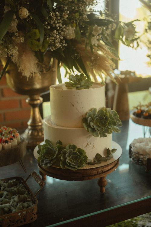 Free Two-tier wedding cake adorned with succulents, set in a rustic indoor setting with floral decor. Stock Photo