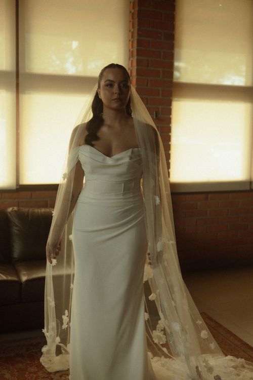Free A beautiful bride wearing a white gown and veil stands indoors with natural lighting. Stock Photo