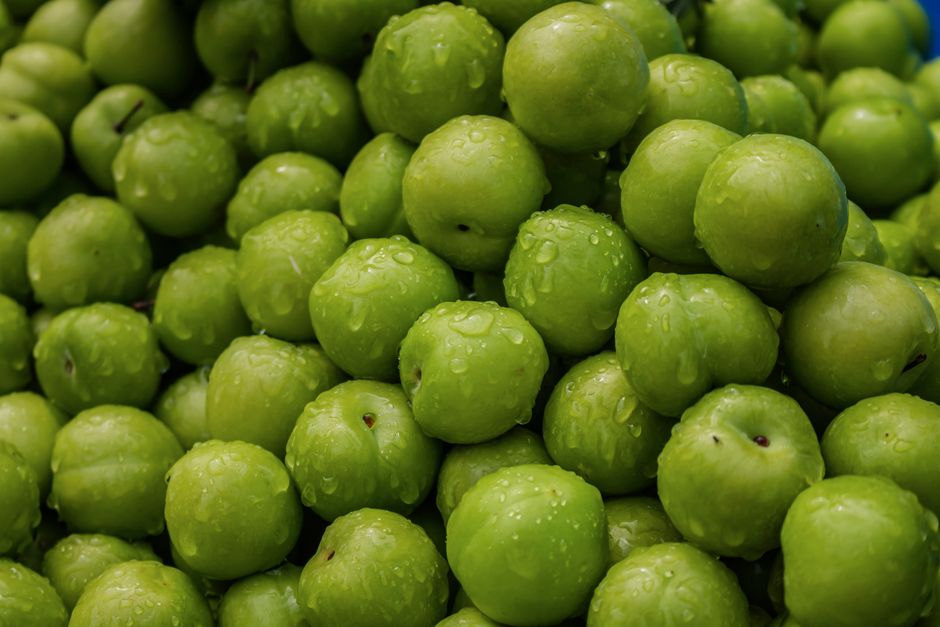 Green plums with a slight yellow blush, cut open to show crisp flesh