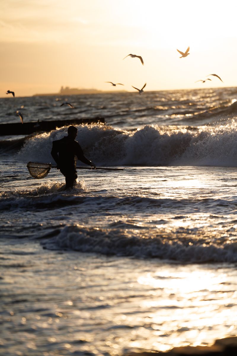 Fisherman at sunset in Zelenogradsk Russia