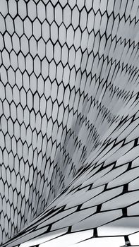 A striking geometric pattern with hexagonal shapes in monochrome.