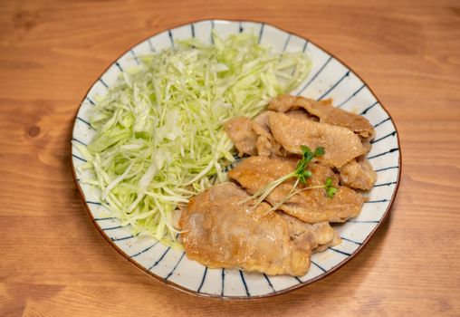 A savory dish of tender Asian pork slices served with fresh shredded cabbage.