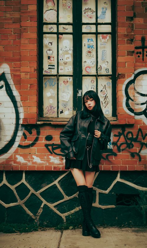 Free Stylish woman in black leather poses against cool graffiti brick wall in urban setting. Stock Photo