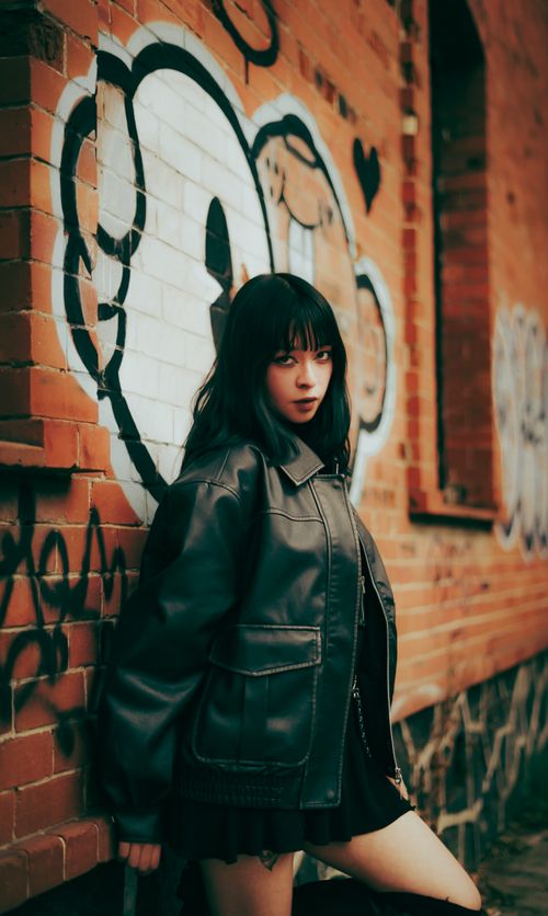 Free Fashionable woman in a leather jacket poses against a graffiti-covered brick wall. Urban style and attitude. Stock Photo
