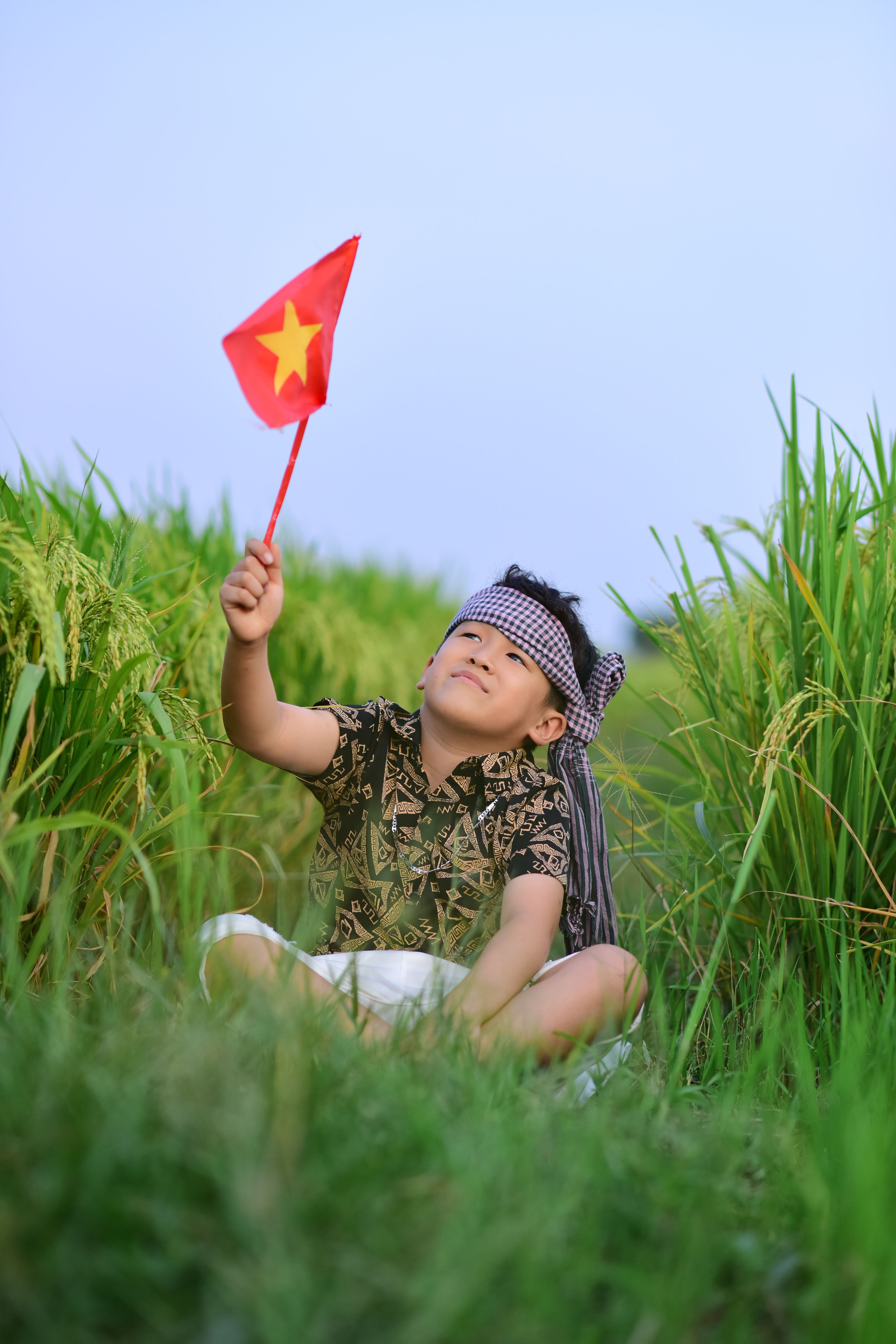 Child Holding a Flag in a Verdant Rice Field · Free Stock Photo