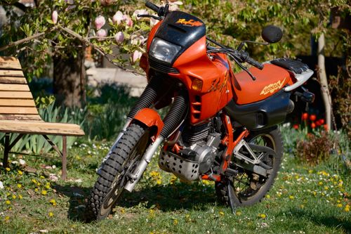 Free A red off-road motorcycle parked outdoors amidst blooming spring flowers. Stock Photo