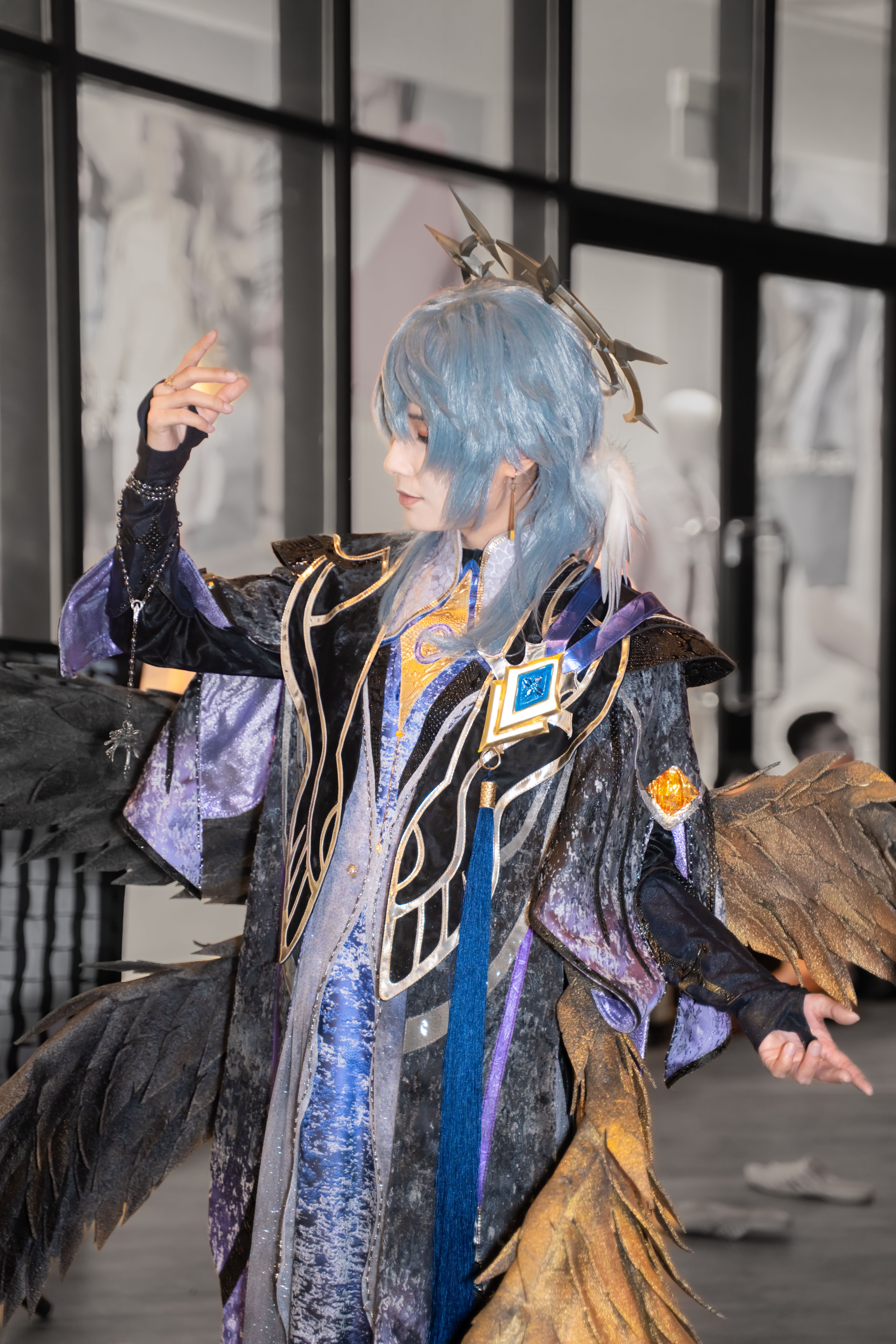 Fantasy Cosplay Character with Blue Wig and Costume