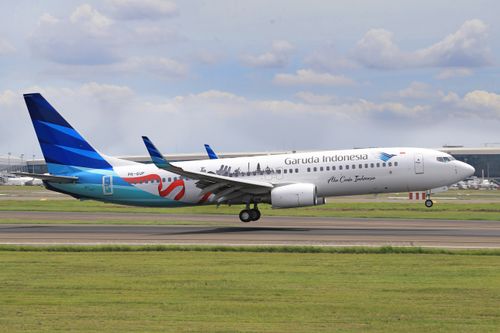Free Garuda Indonesia airplane landing on a runway with clear sky backdrop. Stock Photo