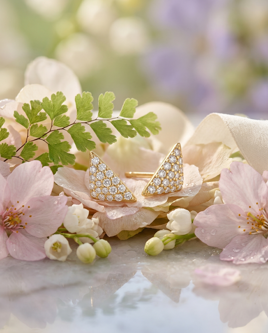 Gold diamond earrings on spring blossoms