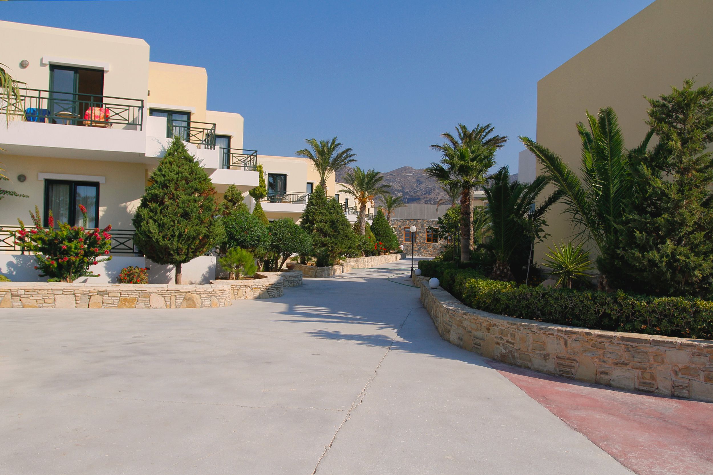 Sunny Mediterranean resort pathway lined with vibrant plants and trees.