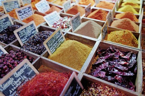 Free Vibrant selection of spices and herbs on display at a local market stall. Stock Photo