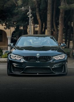 Front view of a black luxury sports car parked outdoors with trees in the background.