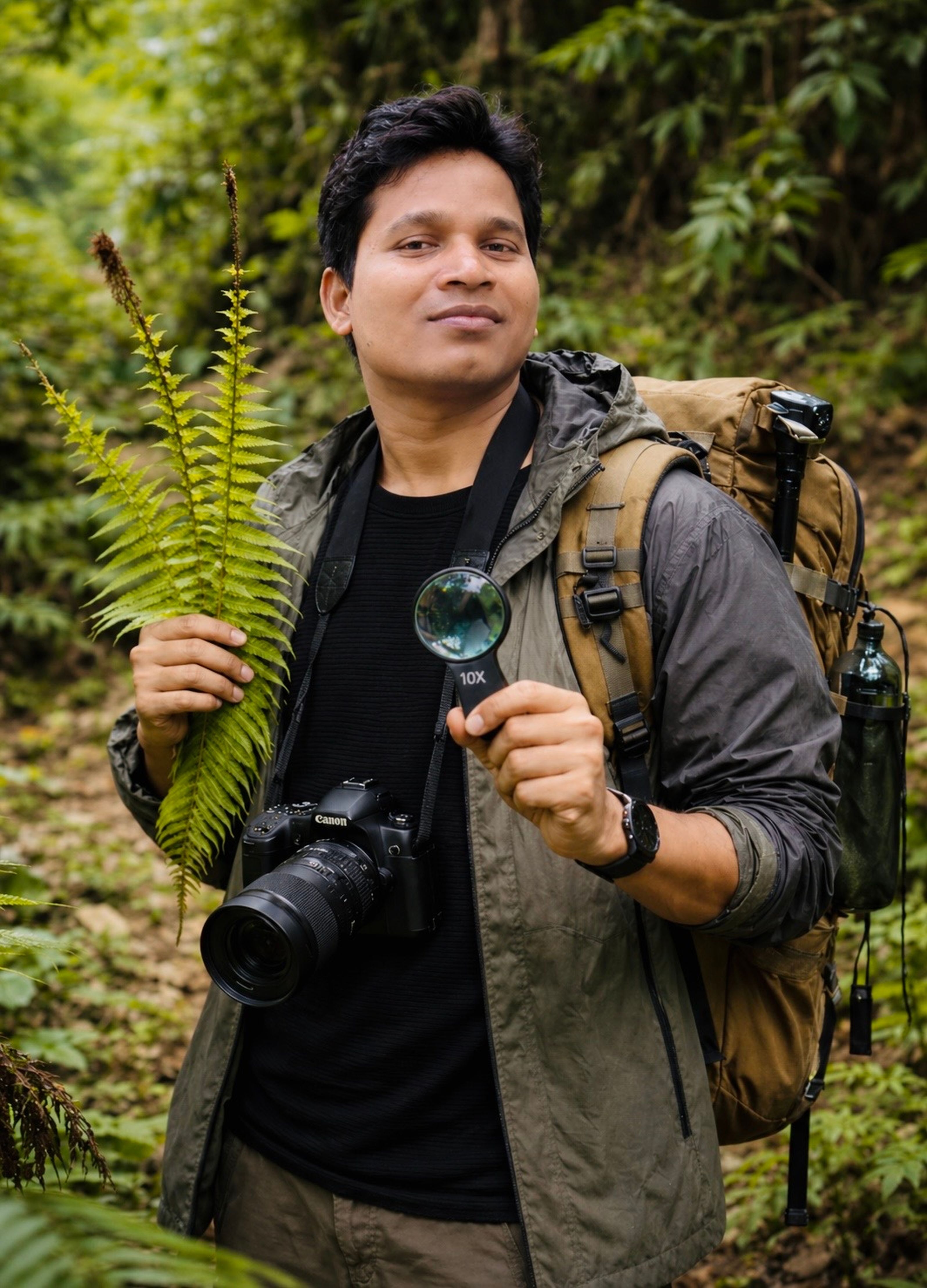 Outdoor enthusiast with camera and magnifying glass in jungle setting.