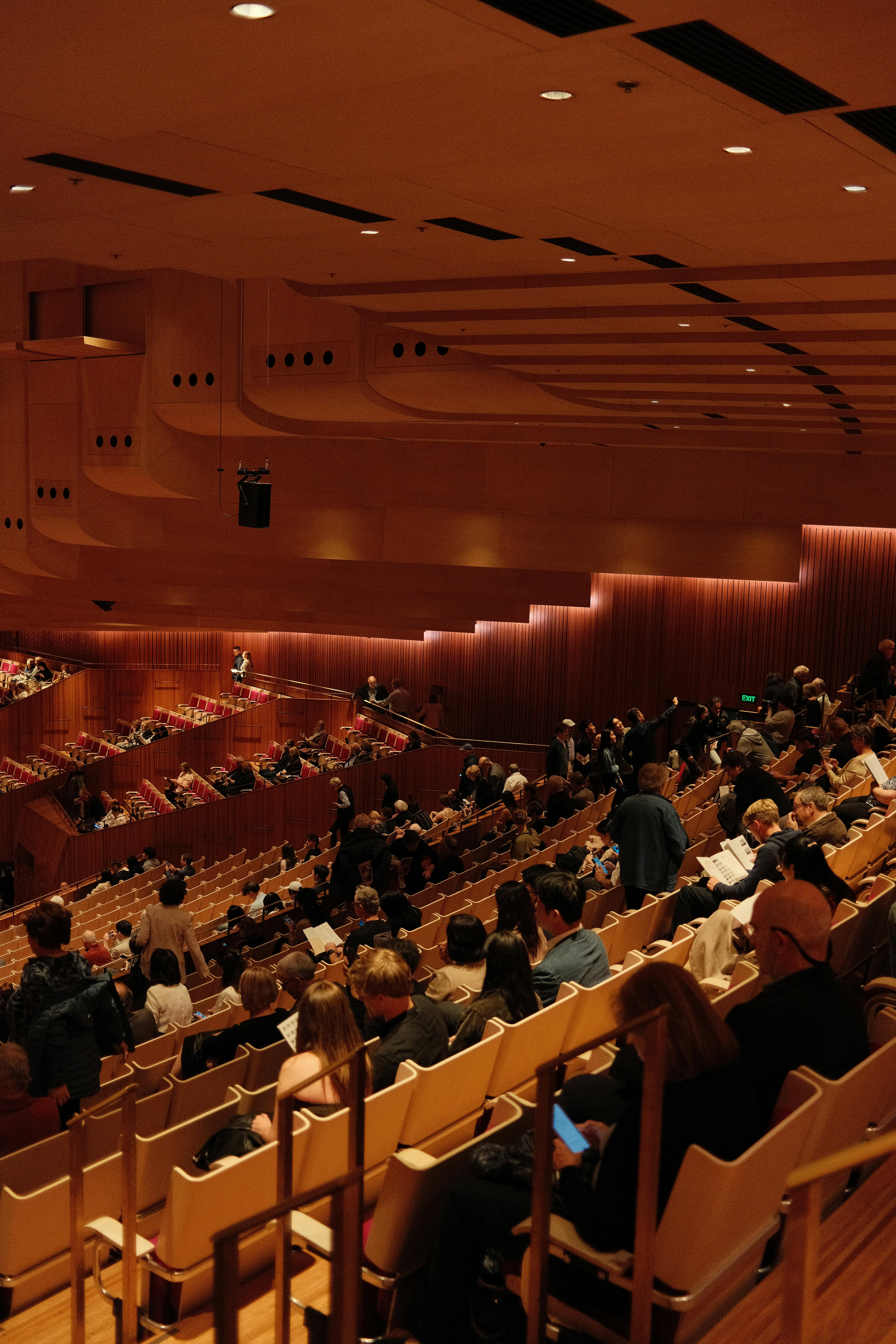 Audience seated in Sydney Opera House's iconic concert hall for a live performance.