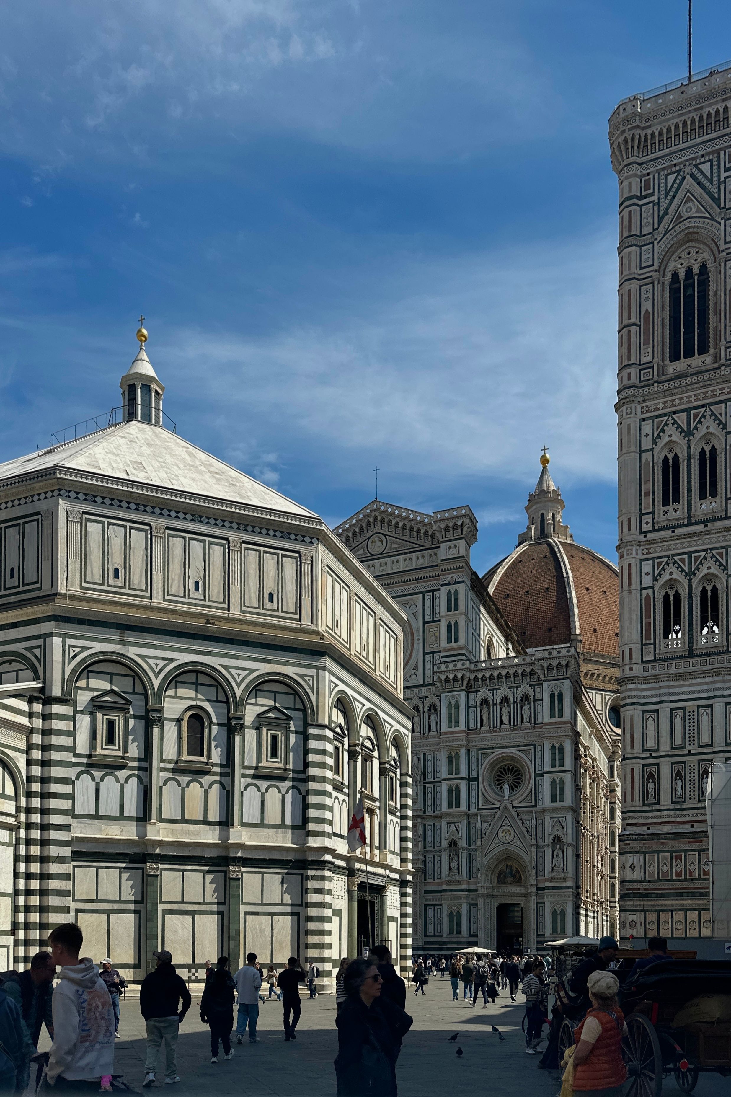 A view of Florence's historic landmarks: the Cathedral, Giotto's Campanile, and Baptistery on a sunny day.